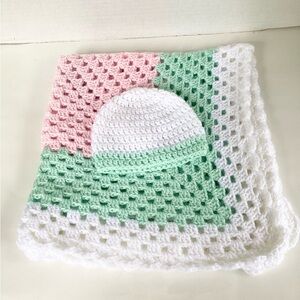 Baby Blanket Hat Set Hand Crafted Crochet Pink Green Acrylic